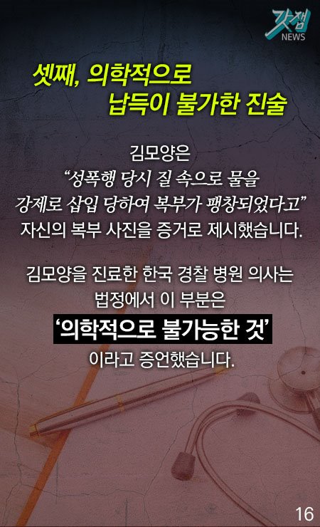 셋째, 의학적으로 납득이 불가한 진술 김모양은 "성폭행 당시 질 속으로 물을 강제로 삽입 당하여 복부가 팽창되었다고" 자신의 복부 사진을 증거로 제시했습니다. 김모양을 진료한 한국 경찰 병원 의사는 법정에서 이 부분을 '의학적으로 불가능한 것'이라고 증언했습니다.