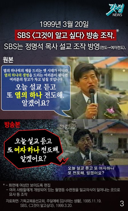 1999년 3월 20일 SBS <그것이 알고 싶다> 방송 조작* SBS는 정명석 목사 설교 조작 방영(전도->여자전도). 원본 열의 하나씩 제물 드리는 옛 시대가 아니라 열의 하나의 생명을 드리는 여러분이 된다면 여러분의 창고가 차고 넘칠 것입니다. 오늘 설교 듣고 또 열의 하나 전도해. 알겠어요? 방송본 오늘 설교 듣고 또 여자 하나 전도해. 알겠어요?  * 화면에 여성만 보이도록 편집 여러 사람들에게 개방되어 있는 월명동 수련원을 밀교의식이 일어나는 곳으로 묘사 등 조작